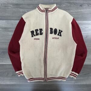 Vintage Reebok Sweater Mens Medium Cream Red Corduroy Full Zip Retro Y2K